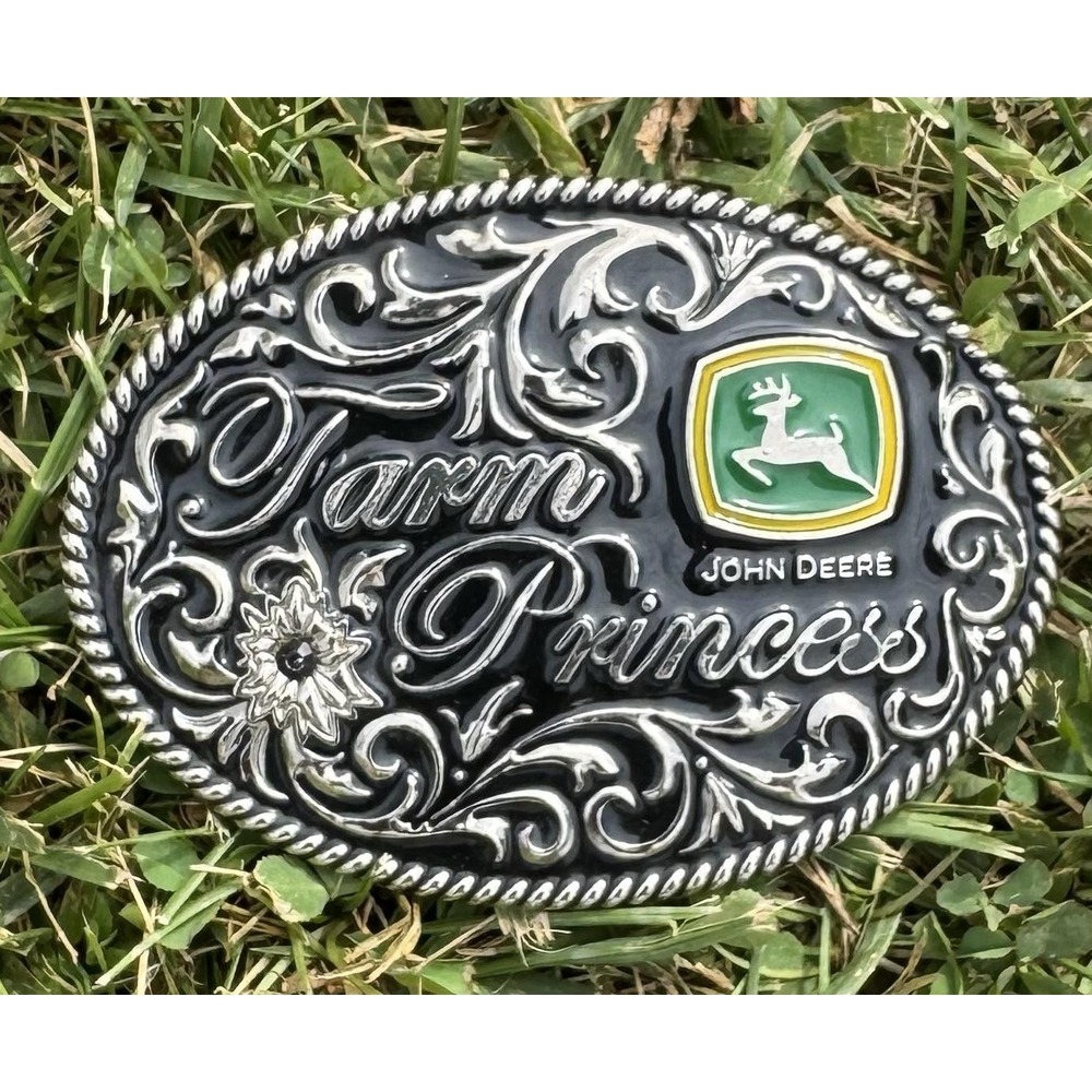 John Deere Belt Buckle Womens Silver Farm Princess Western Floral Enamel‎ Oval